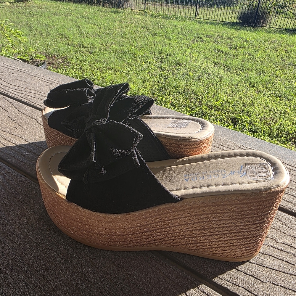 Black Wedge Sandals with Bow